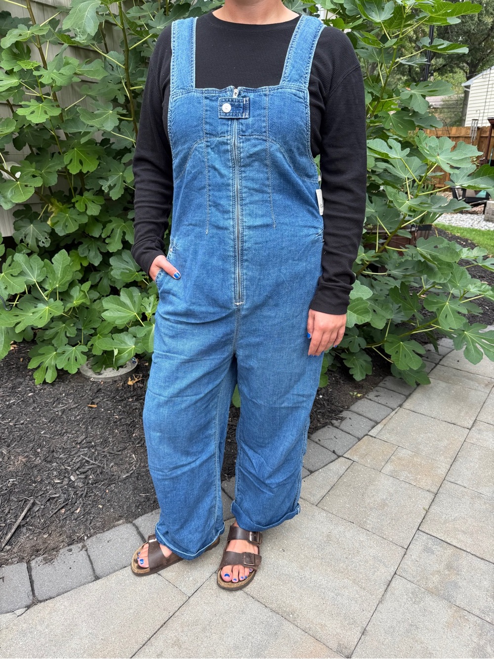 Free People Blue Denim Zip-Front Overalls